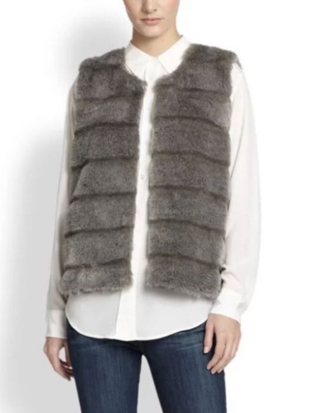 Joie Andrina Grey Faux Fur Collarless Vest w/ Pockets, Hook & Eye Closure XS